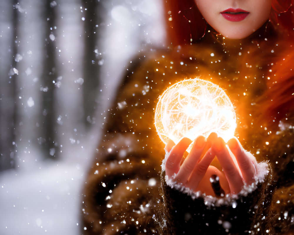 Red-haired woman with glowing orb in snowy forest wearing brown coat