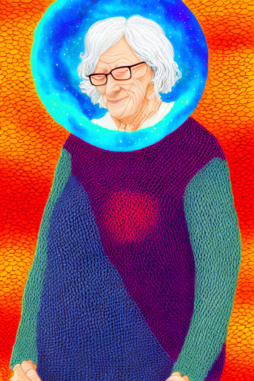 Smiling elderly woman in glasses and colorful sweater with cosmic aura on warm mosaic background