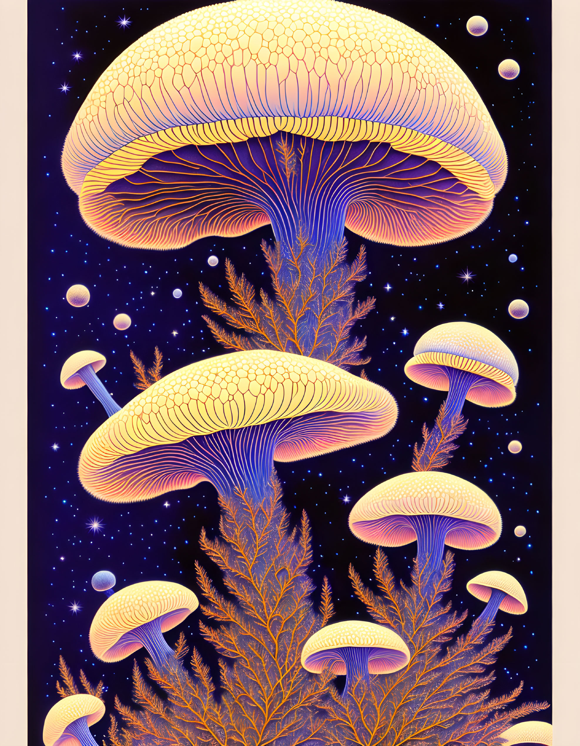 Fantasy illustration: Oversized mushrooms on alien landscape