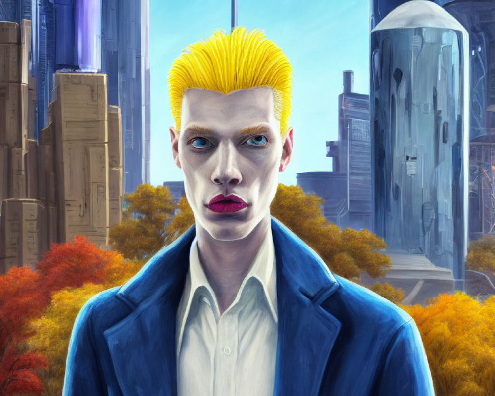 Stylized portrait with yellow hair and blue suit in futuristic cityscape