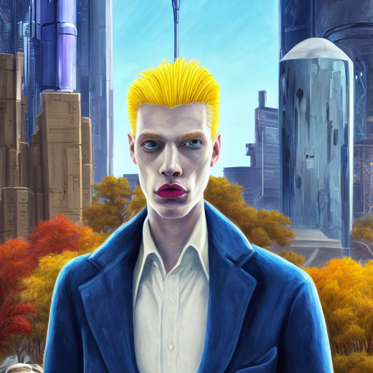 Stylized portrait with yellow hair and blue suit in futuristic cityscape