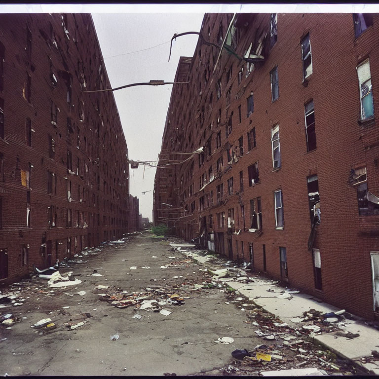 Desolate urban street with debris and broken windows among deteriorating red brick buildings