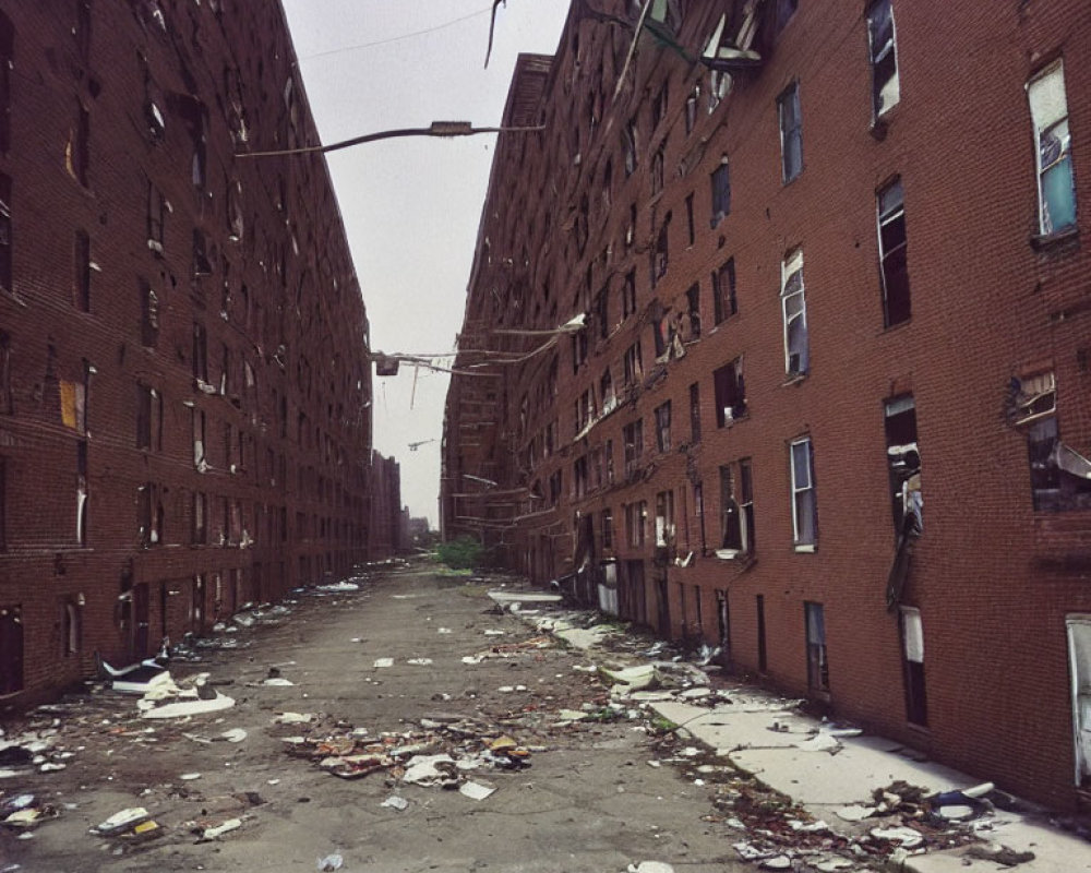 Desolate urban street with debris and broken windows among deteriorating red brick buildings