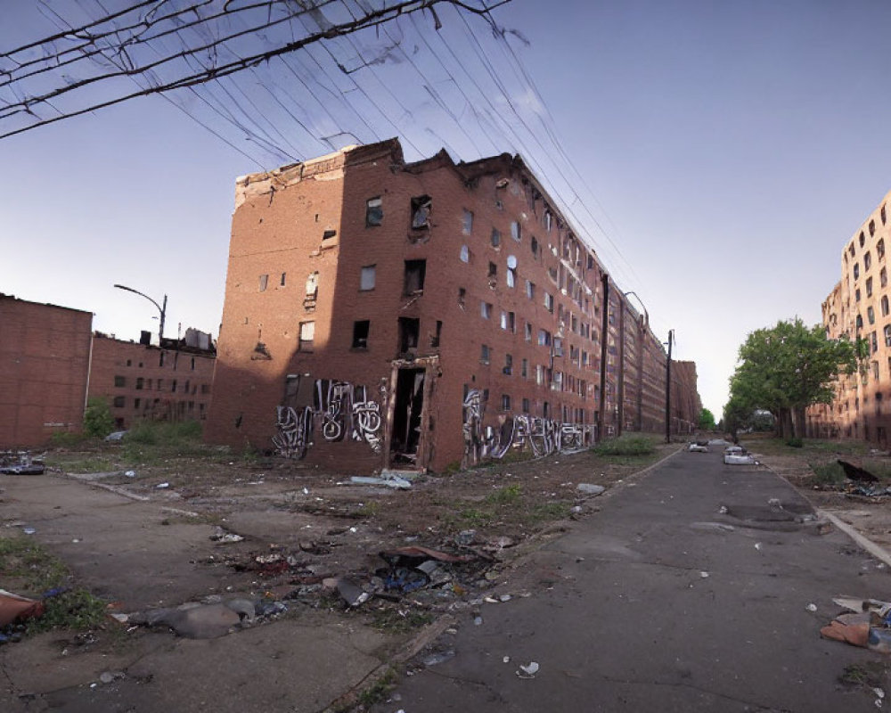 Desolate urban street with graffiti-covered buildings and debris