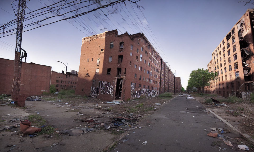 Desolate urban street with graffiti-covered buildings and debris