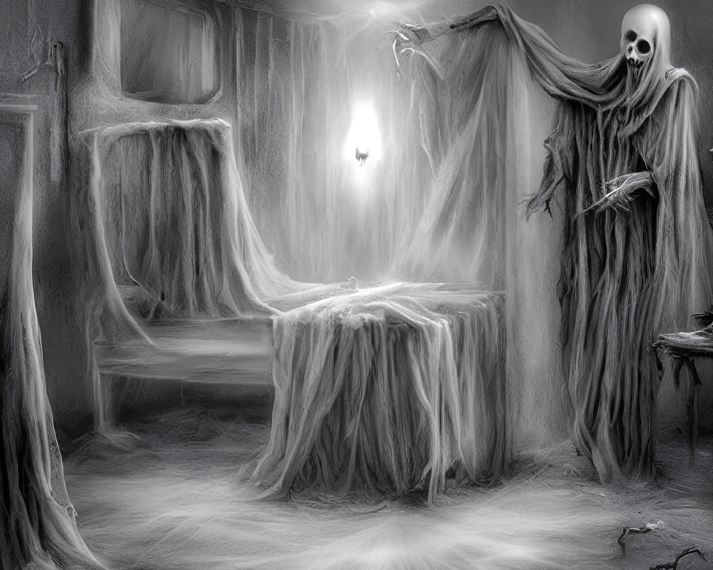 Monochromatic eerie scene with grim reaper and skull.