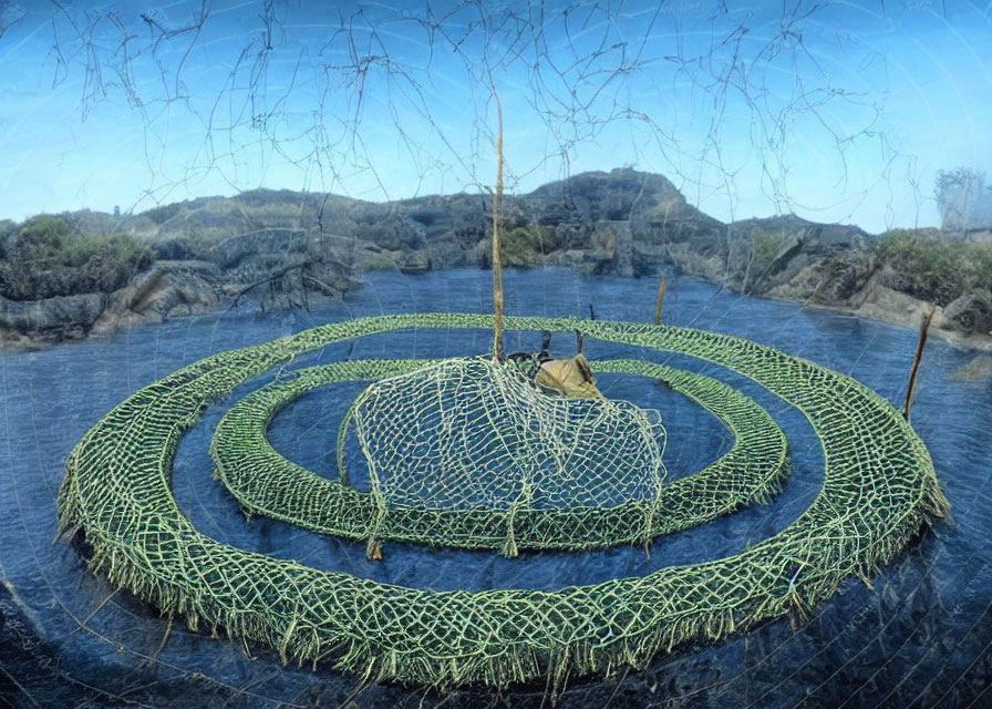 Circular Fish Farm in Rocky Landscape with Blue Sky