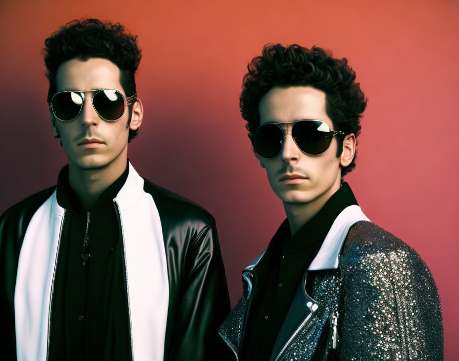 Twin stylish men in sunglasses and jackets against red backdrop