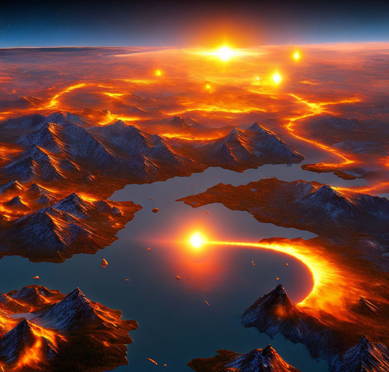 Volcanic landscape with lava rivers and dual suns in a dusk sky