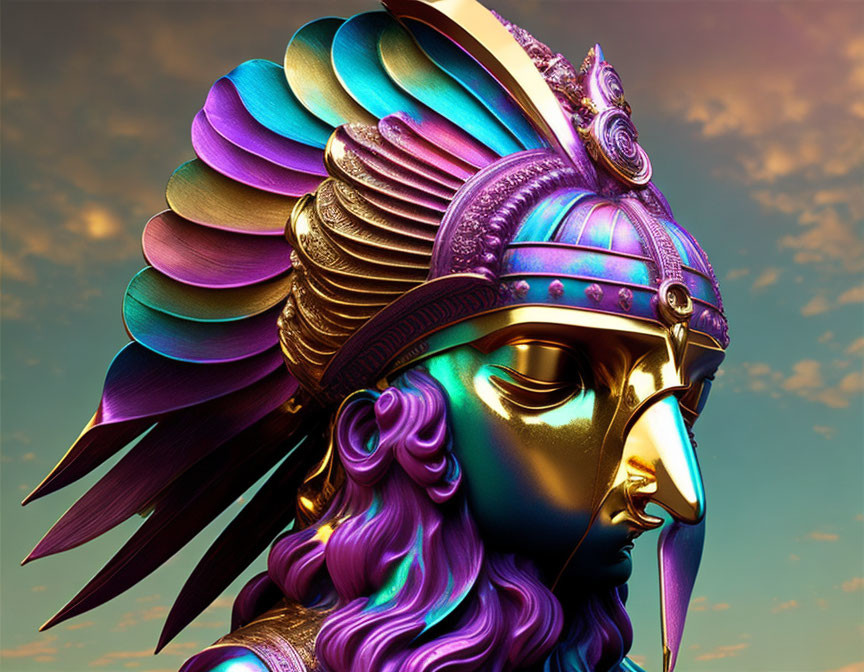 Colorful Digital Art: Profile Bust with Fantastical Helmet & Purple Hair on Sunset Sky