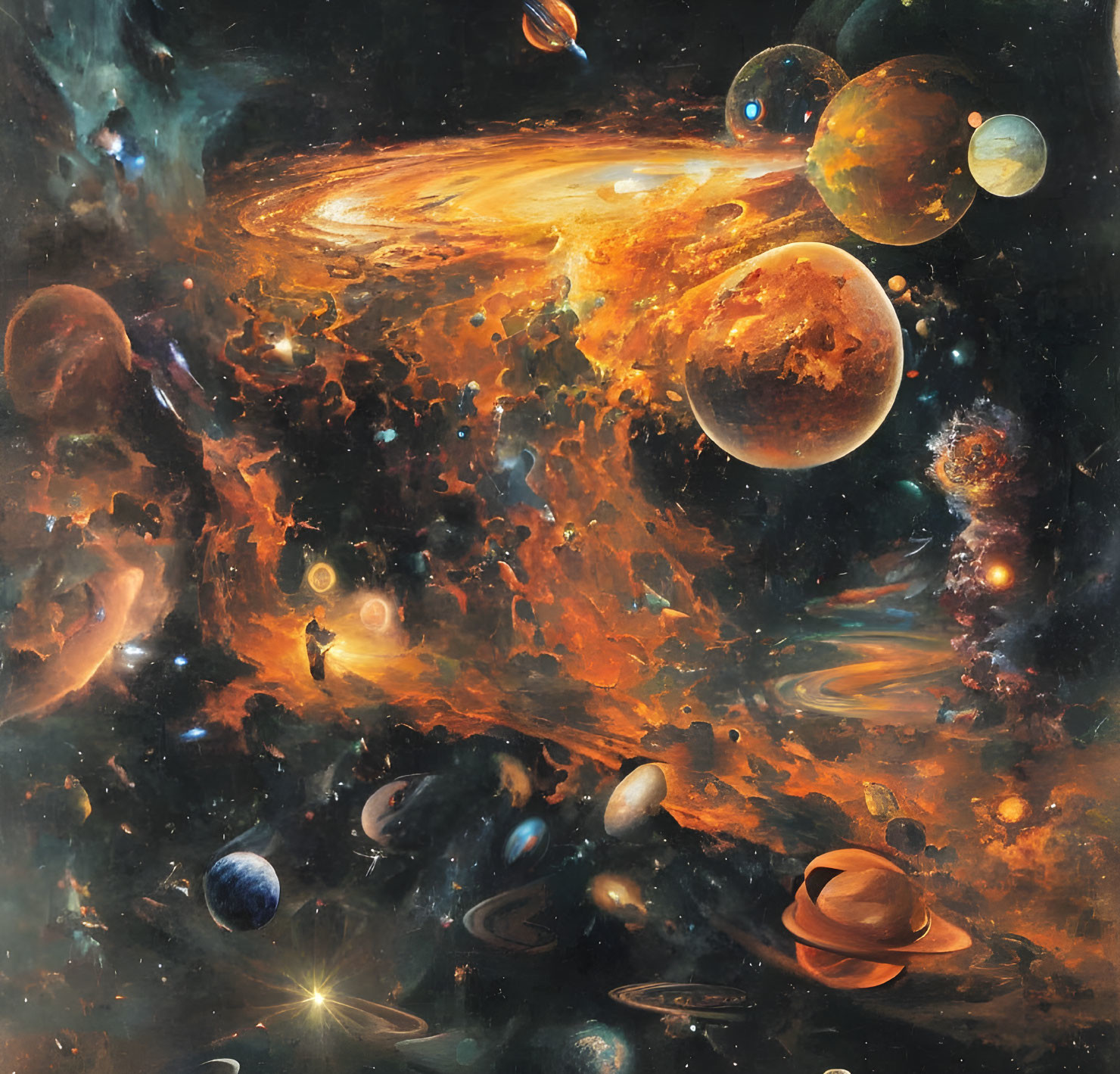 Colorful Cosmic Painting of Planets, Stars, and Nebulae