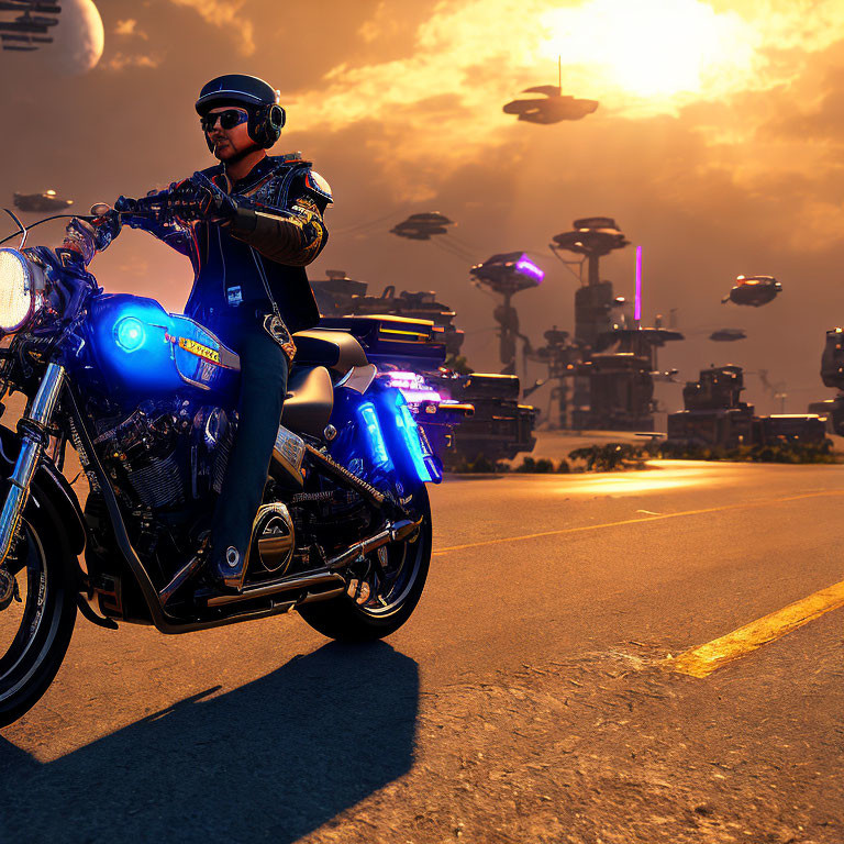 Person riding motorcycle at sunset with futuristic flying vehicles and cityscape.