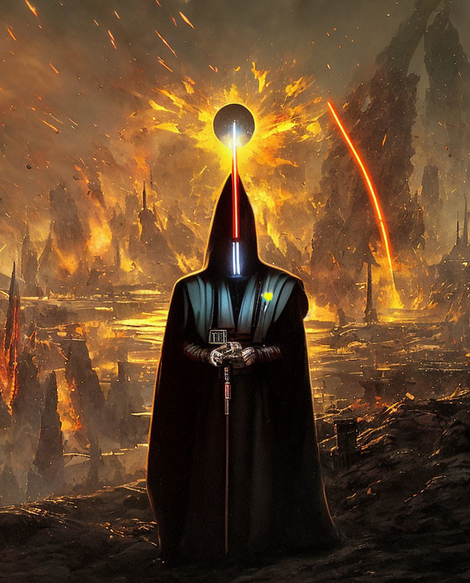 Robed figure with lightsaber in fiery apocalypse landscape