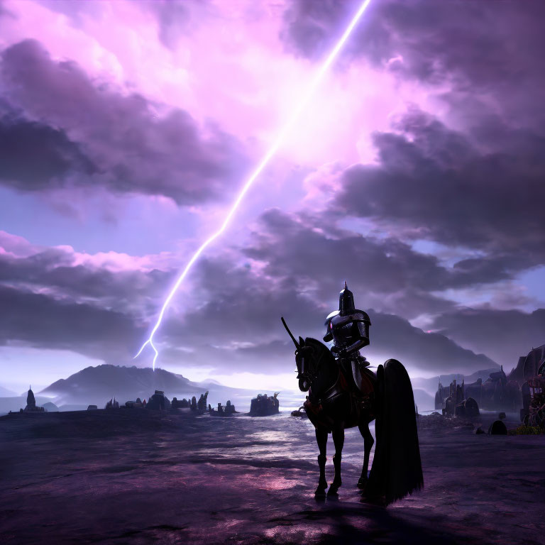 Knight in Armor on Horseback Under Dramatic Purple Sky with Beam of Light