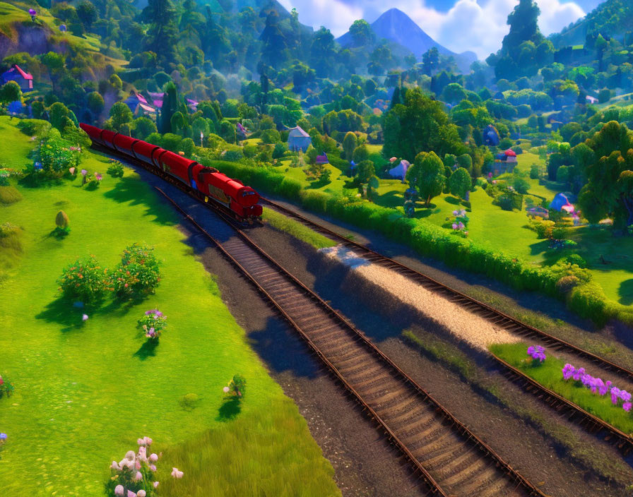 Colorful Animated Landscape with Red Train on Tracks