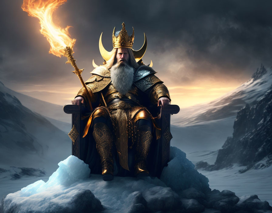 Bearded figure in ornate armor on throne with flaming torch in snowy mountain landscape