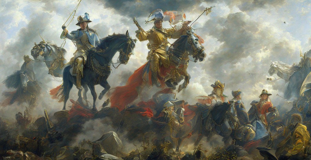 Battle scene painting: Horse-mounted soldiers in combat under dramatic sky