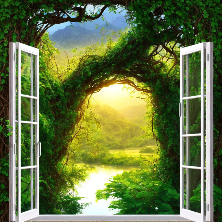 White Windows Frame Green Landscape with Archway of Vines and Lake