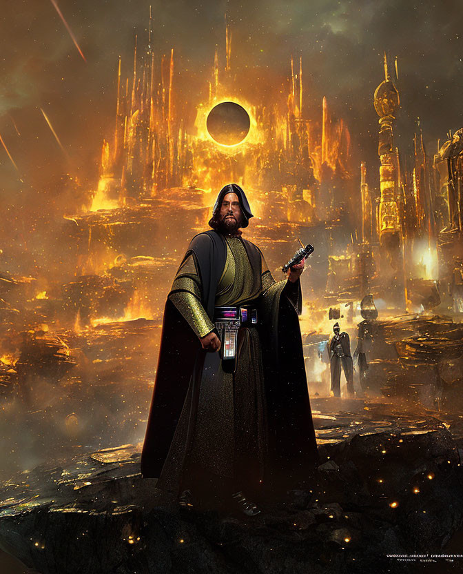 Robed figure with blaster on lava planet with companions and eclipse.