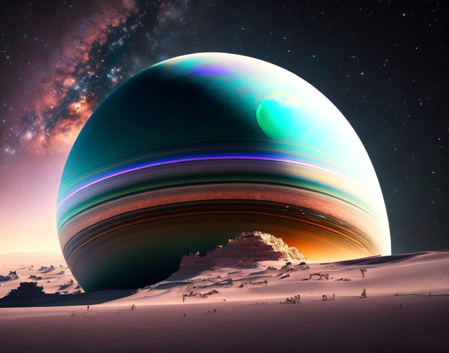 Digital composite of vast sandy landscape with giant ringed planet rising, under starry sky with nebula