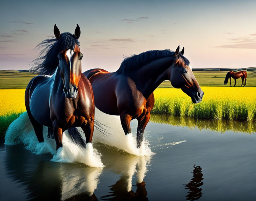 Majestic horses in water with yellow flower field