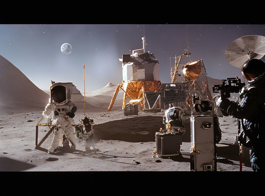 Astronauts on Lunar Surface with Lander and Earth Background