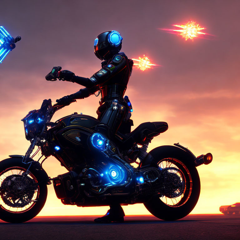 Futuristic robotic rider on advanced motorcycle with blue lights in dusky sky with firing drones