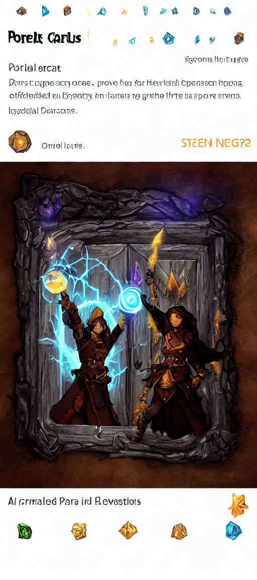 Animated wizards in magical duel with glowing staffs and mystical runes in decorative frame