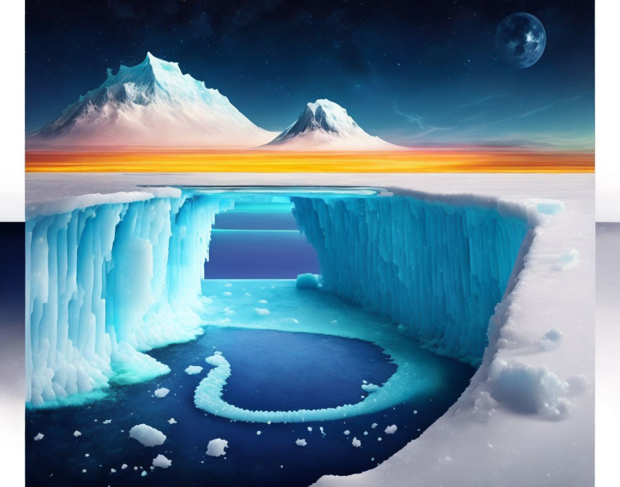 Surreal landscape: icy cliffs, serpentine waterway, twin peaks, moon