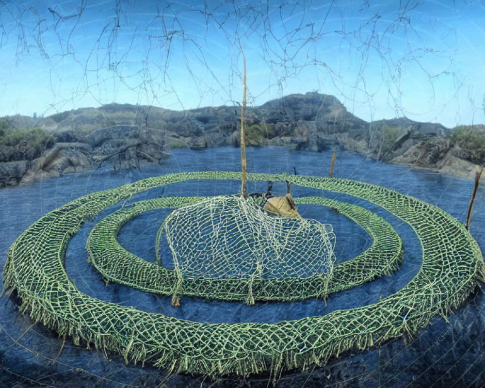 Circular Fish Farm in Rocky Landscape with Blue Sky