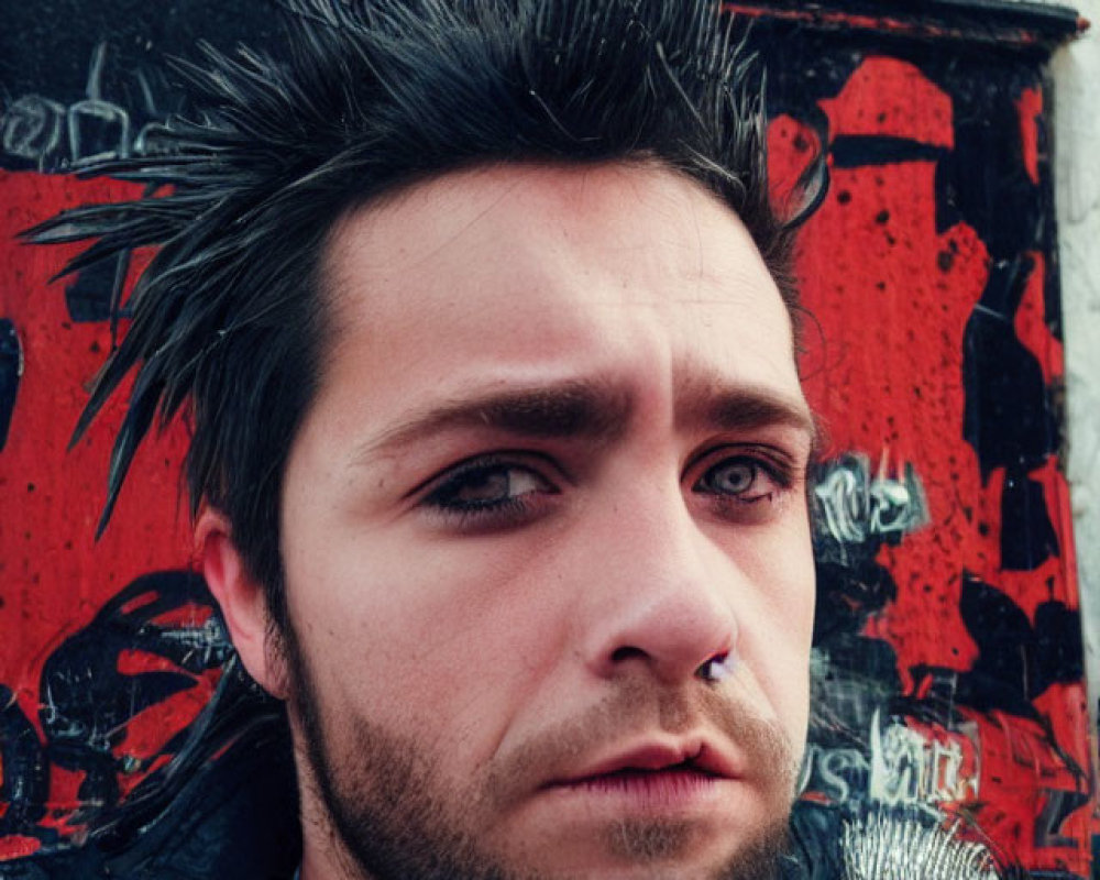 Intense man with spiky hair and nose ring in front of graffiti wall