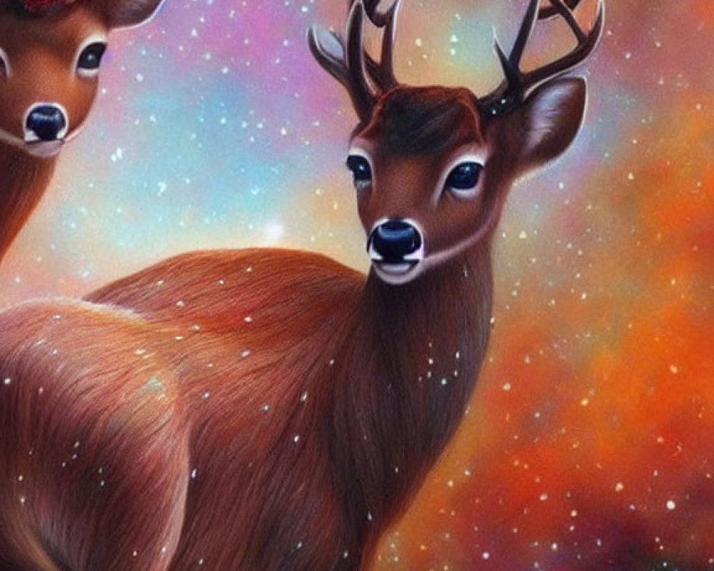 Illustrated deer in cosmic starry background