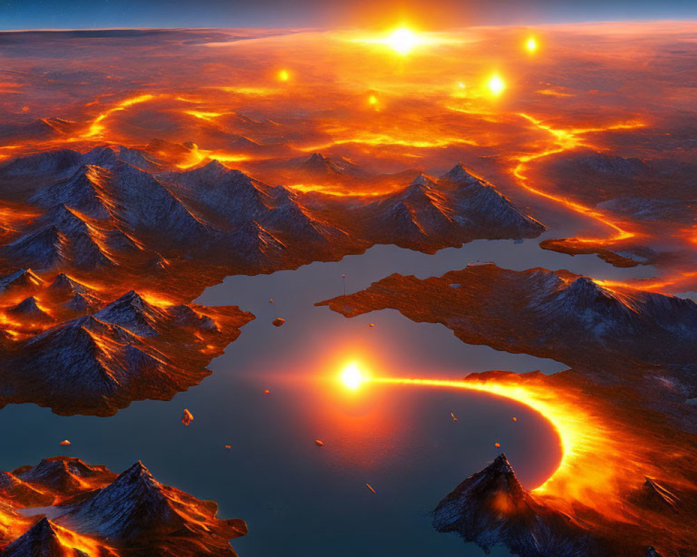 Volcanic landscape with lava rivers and dual suns in a dusk sky