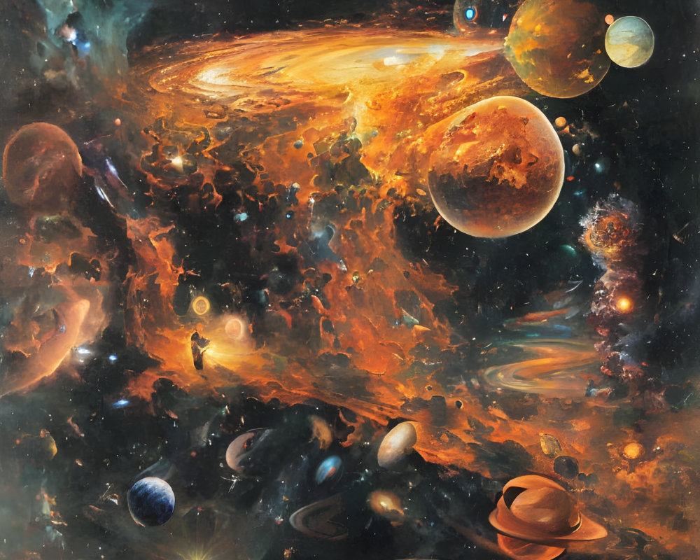 Colorful Cosmic Painting of Planets, Stars, and Nebulae