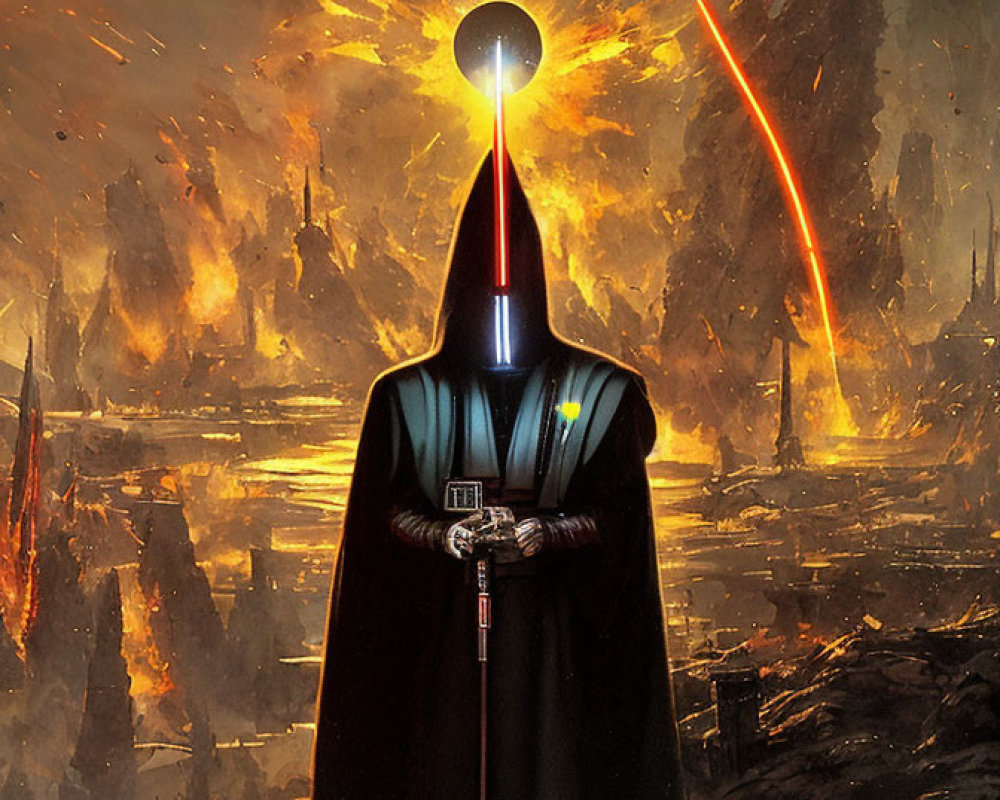 Robed figure with lightsaber in fiery apocalypse landscape