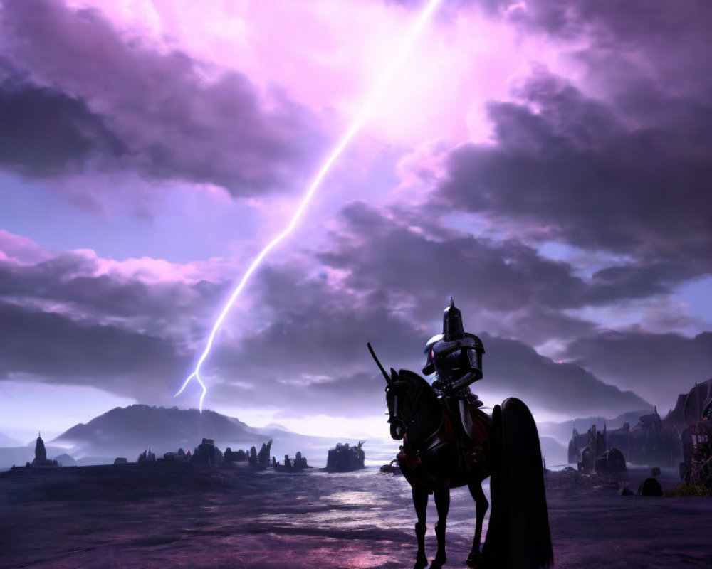 Knight in Armor on Horseback Under Dramatic Purple Sky with Beam of Light