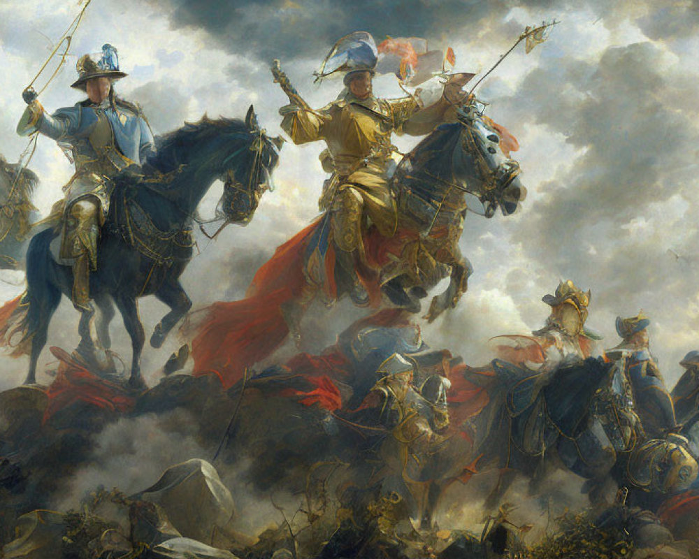 Battle scene painting: Horse-mounted soldiers in combat under dramatic sky