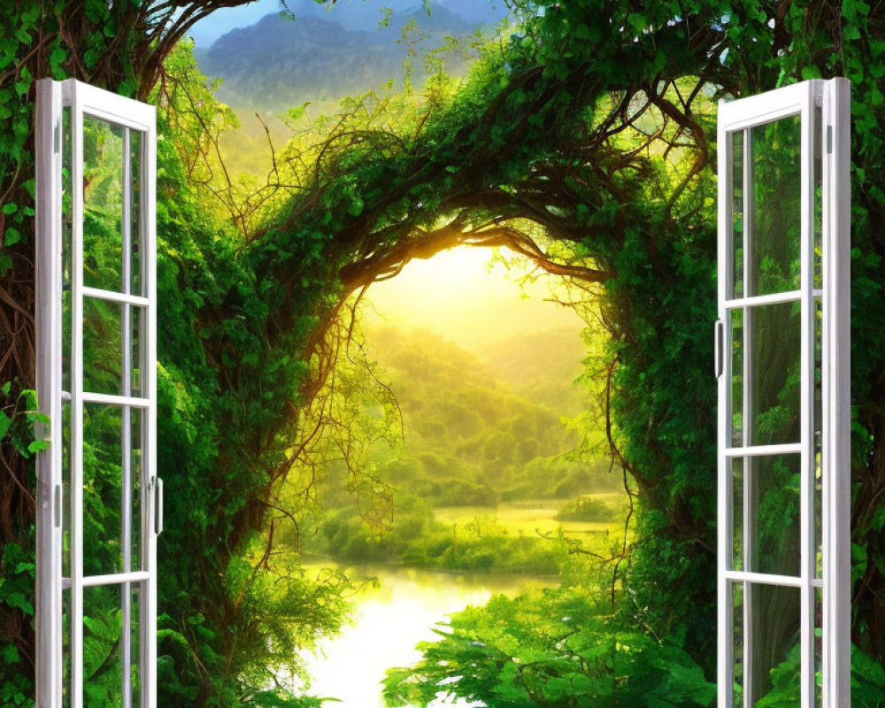 White Windows Frame Green Landscape with Archway of Vines and Lake