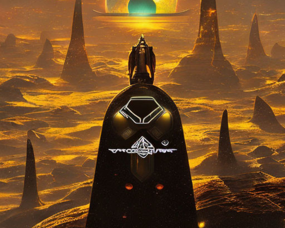 Silhouette of Person in Futuristic Scene with Towering Structures and Large Planet