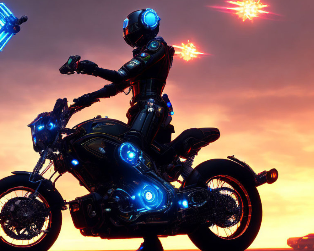 Futuristic robotic rider on advanced motorcycle with blue lights in dusky sky with firing drones