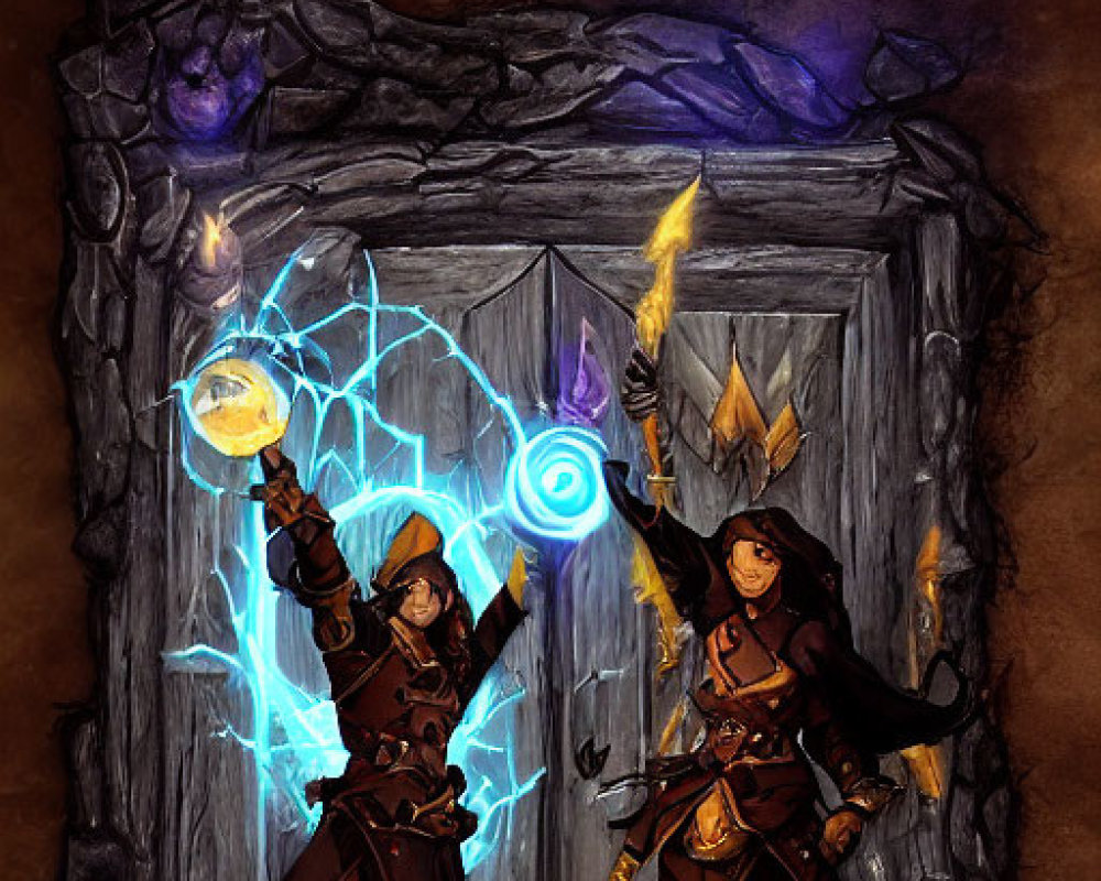 Animated wizards in magical duel with glowing staffs and mystical runes in decorative frame