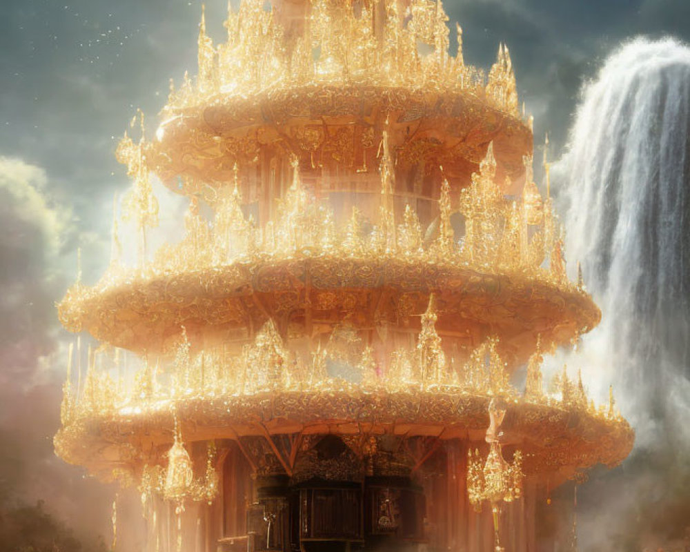 Ethereal multi-tiered golden palace in misty landscape