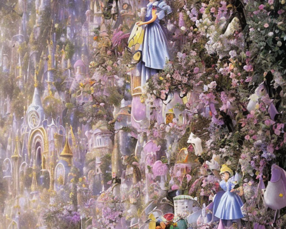 Colorful fairytale scene with whimsical characters, flowers, and castle