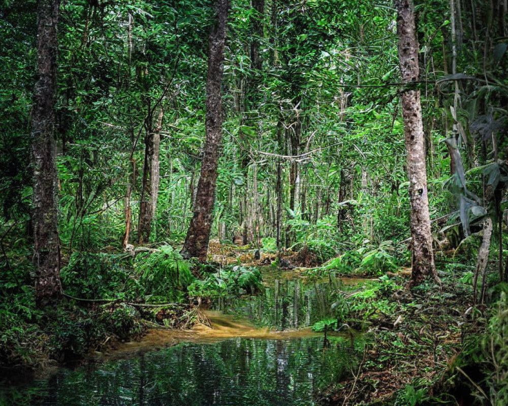 Serene stream surrounded by lush green forest