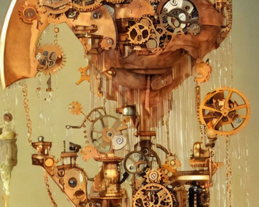 Steampunk-inspired moon artwork with gears and cogs in warm metallic tones