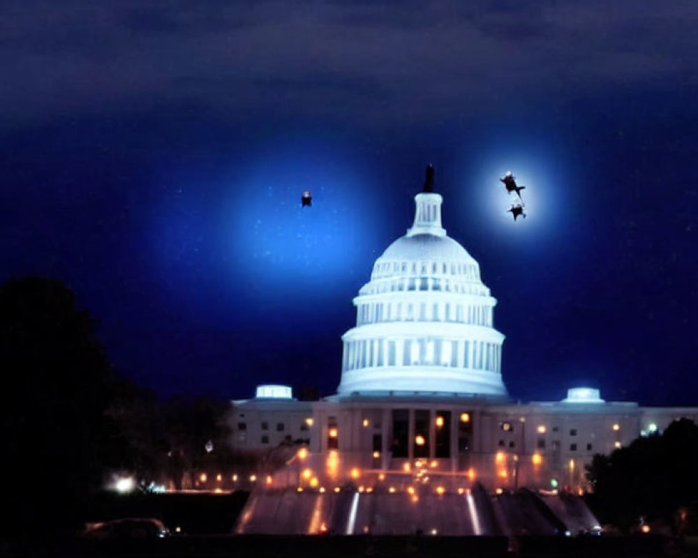 Nighttime image of illuminated US Capitol with UFO and helicopters