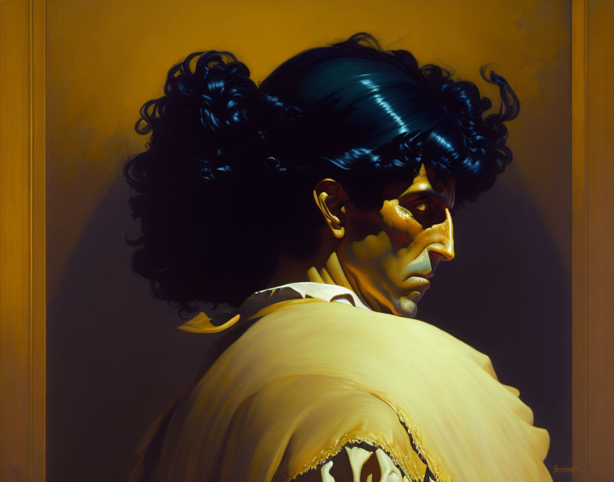 Stylized black hair person in cream outfit on golden backdrop