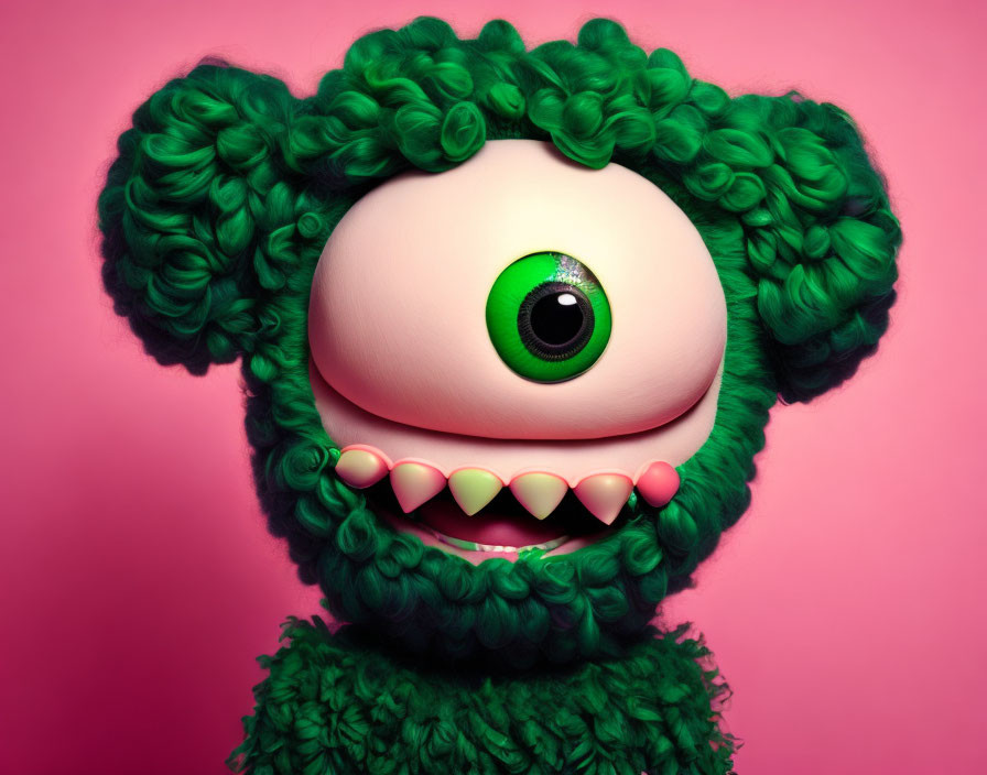 Character with Green Fluffy Hair and Central Eye on Pink Background