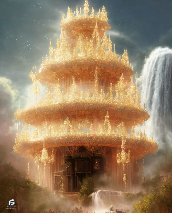 Ethereal multi-tiered golden palace in misty landscape