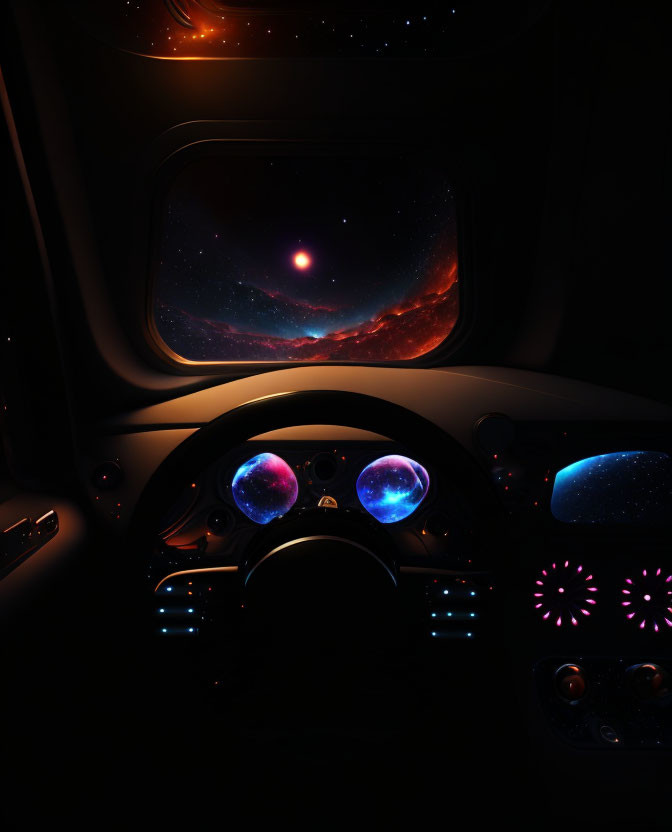 Futuristic vehicle interior with outer space view and ambient lighting